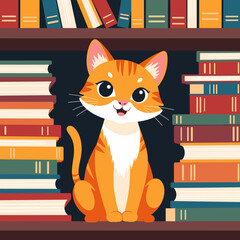 Cute orange cat sitting among colorful books on a shelf  