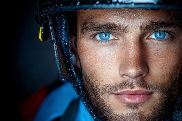 Close Up Portrait of a Man with Blue Eyes Wearing a Helmet