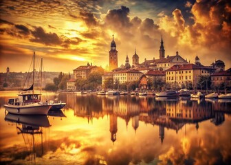 Naklejka premium Nostalgic Lakeside Urban Scene A Vintage Photograph Captures the Charm of a Retro City by the Water