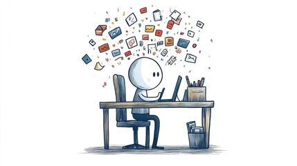 A character sits at a desk, focused on a device, surrounded by colorful floating icons representing communication and creativity.