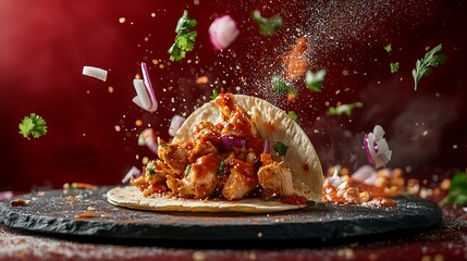 ingredients flying in mid-air, chicken taco on a slate plate,