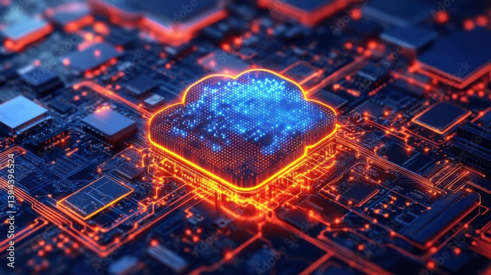 Poster a vibrant digital representation of cloud computing, showcasing intricate circuits and glowing eleme