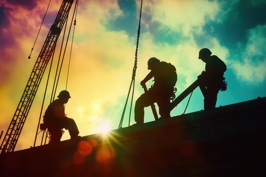 Silhouetted Sailors Working on Tall Ship Mast Against Colorful Sunset Sky Dramatic Lighting Creates a Sense of Adventure and Teamwork in this Maritime Scene with Historic Nautical Elements - Powered by Adobe