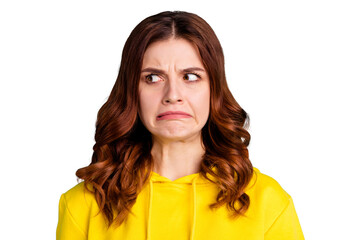 Close up photo of disgusted youngster envious with hating facial expression furious angry isolated...