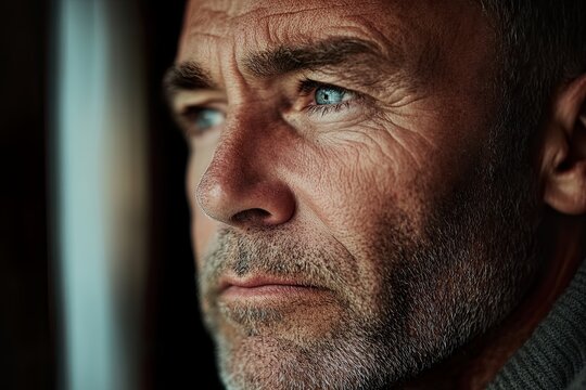 Thoughtful mature man looking out window in low light