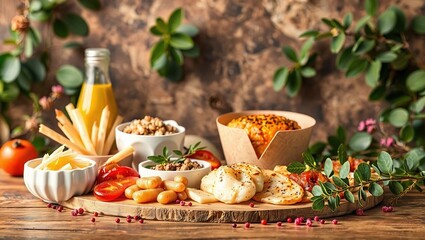 Gourmet food arrangement, natural elements, elegant display, product photography.