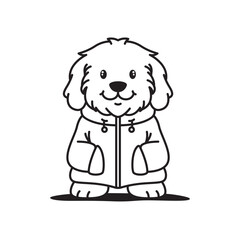 Cute Furry Puppy Little Dog Pet Animal Cartoon Character Wearing Jacket Coat in Line Art Design