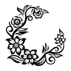 Ornate Floral Border with Decorative Black Flowers and Swirling Leaves Pattern