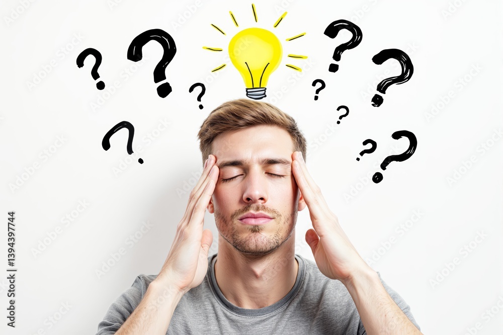 Poster thoughtful man with question marks and light bulb on white background.