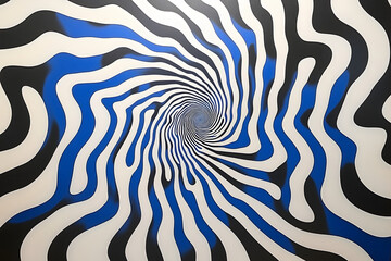 Wavy spiral illusion with black, white, and blue hypnotic stripes. Trippy abstract design, psychedelic vortex motion art, optical swirl background, creative visual pattern concept