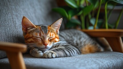 Naklejka premium Sleepy calico kitten resting on a comfy armchair.