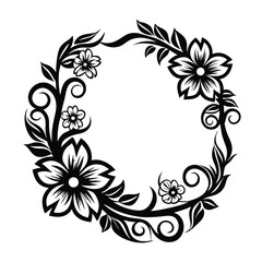 Floral Black with Leaves and Flowers, Elegant Botanical Round Shape, Decoration