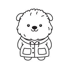 Cute Furry Puppy Little Dog Pet Animal Cartoon Character Wearing Jacket Coat in Line Art Design