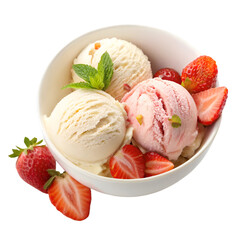 Ice cream with strawberries on white bowl top view isolated on white background