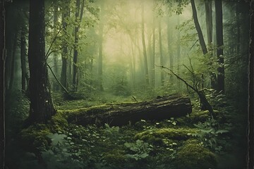 Fototapeta premium Verdant Woodland with Moss Covered Logs and Ethereal Mist in Dreamlike Fantasy Landscape