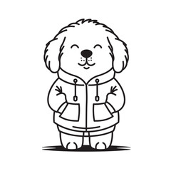 Cute Furry Puppy Little Dog Pet Animal Cartoon Character Wearing Jacket Coat in Line Art Design