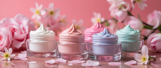 Pastel creams in jars surrounded by pink flowers. Beauty, elegance, and a touch of sweetness.