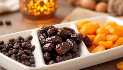 Fototapeta premium Dried Fruit Platter Featuring Dates Raisins and Apricots for Snacking