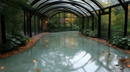 Tranquil indoor pool garden walkway