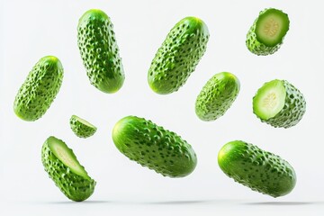 Arrangement of several whole and sliced pickles floating isolated on white background