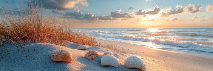 In summer, the sandy beach with scattered shell fragments forms a picturesque coastal scene, offering wide copy space for designs, advertisements, or seasonal creative visuals