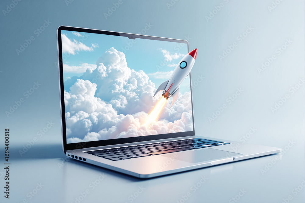 Aufkleber laptop with a rocket launching from its screen, symbolizing startup growth and innovation.