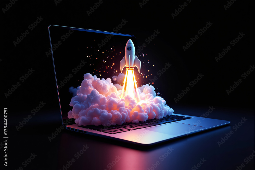 Poster rocket launching from a laptop keyboard with glowing light and smoke on a dark background.