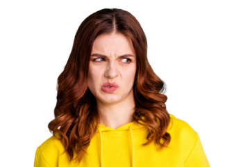 Close up photo of wavy trendy unpleasant young millennial teenager feeling disgusting smell grimacing in nasty odor isolated over turquoise color vibrant background