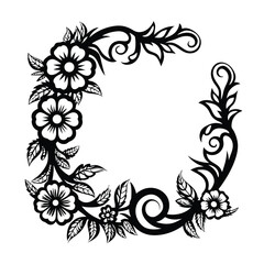 Floral Border, Black and White Silhouette, Isolated on White, Flower Pattern, Elegant Shape