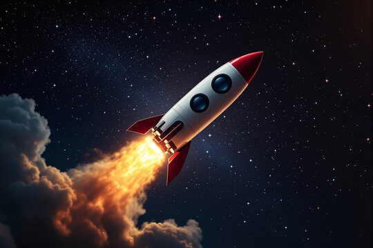 Cartoon-style rocket launching into space with bright flames and smoke trail against a starry night background.
