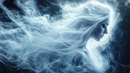Obraz premium A mystical figure with flowing hair merges seamlessly with ethereal wisps of smoke, creating a captivating, dreamlike atmosphere.