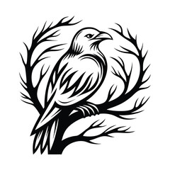 Silhouette Bird On Branch, Raven, Crow, Branches, Wildlife, Black & White, Symbol