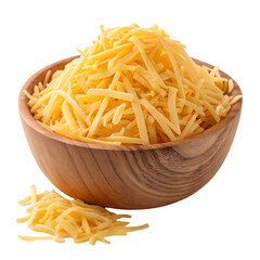 Heap of delectable shredded cheese on wooden bowl on white background