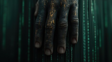 Obraz premium Dark human hand interacting with futuristic digital matrix interface