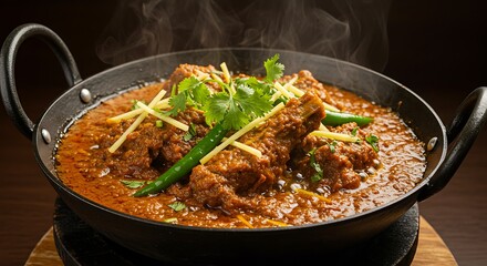 Top-down view of a spicy, dry mutton karahi dish in a blackened pan, garnished with chili flakes and herbs