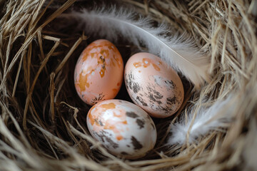 Obraz premium Bird nest filled with colorful hand painted Easter eggs and bright feathers for festive spring holiday decoration, generative ai