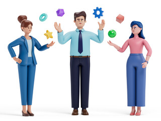 3D people interacting with floating icons, symbolizing innovation and creativity. 3D rendering, conceptual image, isolated on white background.