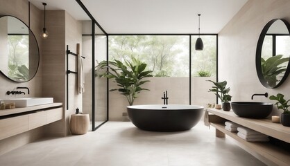 Modern Bathroom Design with Large Windows and Scenic Mountain Backdrop