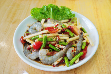 Spicy salad with fresh shrimp, Thai spicy food
