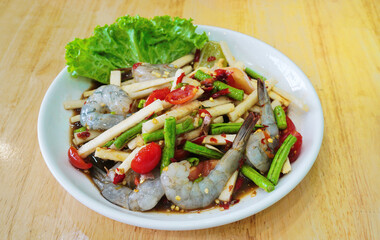 Spicy salad with fresh shrimp, Thai spicy food
