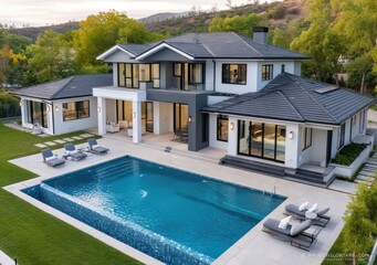A modern two-story house with black accents, in the middle of the Burbank Hills, large windows and a large front door on one side, sliding glass doors leading to an outdoor pool area with seating and 
