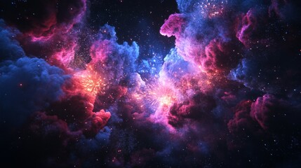 Fototapeta premium A spectacular display of vibrant fireworks exploding in the night sky, illuminating the darkness with bright colors and intricate patterns over a serene landscape.