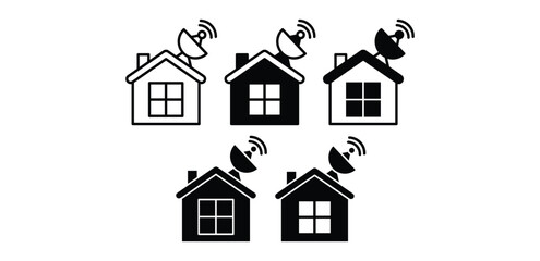 Satellite Dish House Icons Black and White Vector Illustrations