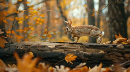 Obraz premium A rabbit jumping over a log in the forest