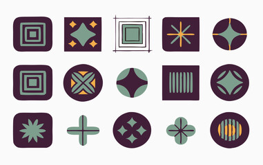 Modern Abstract Geometric Icon Set – Minimalist Symbol Collection with Retro and Futuristic Shapes for Branding, UI Design, and Digital Art Projects.