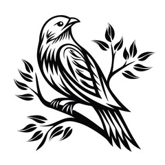 Obraz premium Stylized Bird Silhouette on Branch with Leaves, Black and White Art, Minimalist Design