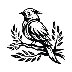 Silhouette Songbird Sitting on Branch with Leaves, Black and White Elegant Bird Icon