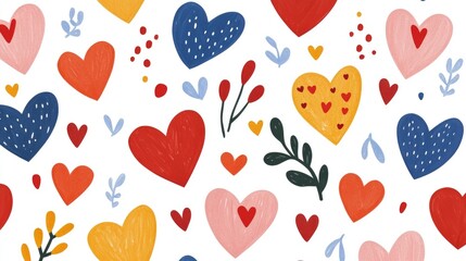 Colorful Heart Patterns with Floral Elements on White Background