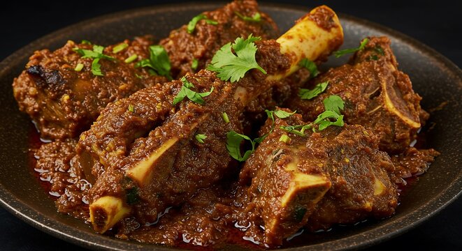 Close-up of tender, dry-cooked mutton sukha karahi&mdash;rich brown masala clinging to the meat, charred edges, vibrant herbs on top, and rustic textures highlighted with dramatic shadows