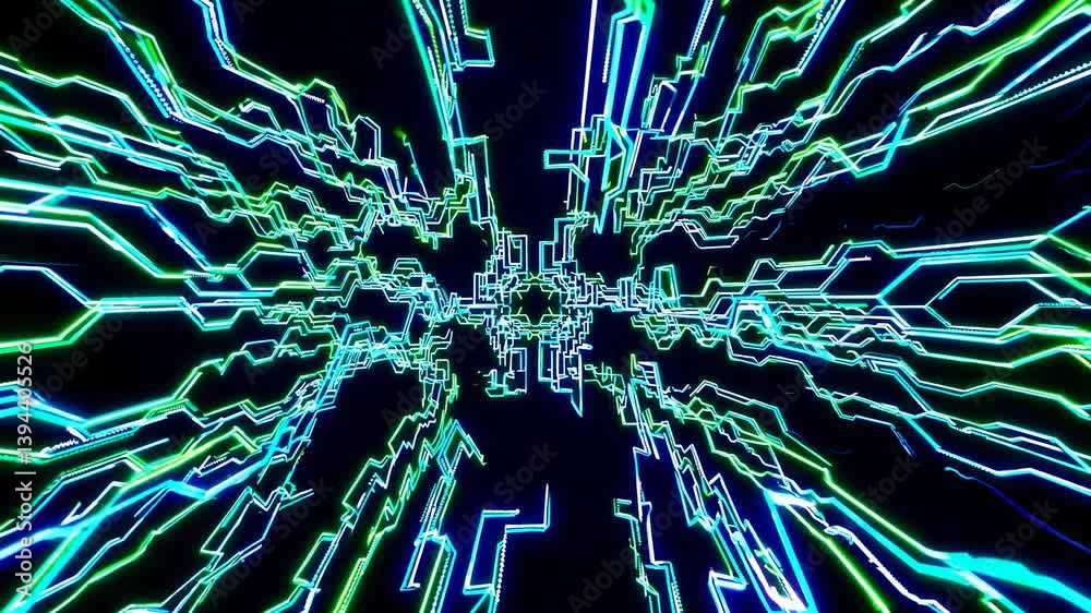Poster glowing blue and green lines are creating a complex network, symbolizing data flow and technological
